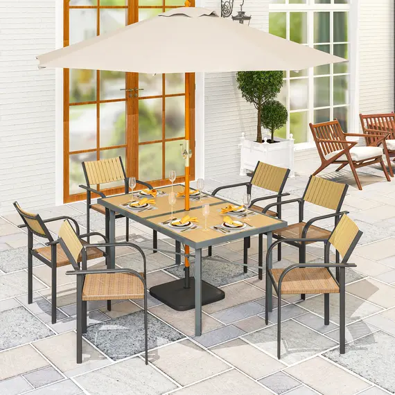 Buy Garden Table for 6, Outdoor Dining Table with 5cm Umbrella Hole, Wood Effect Top, Rust Resistant Frame, for Patio, Balcony, Terrace, 150 x 90 cm, 2 image