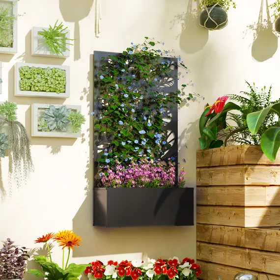 Buy Outdoor Metal Planter, with Back Trellis - Black, 7 image