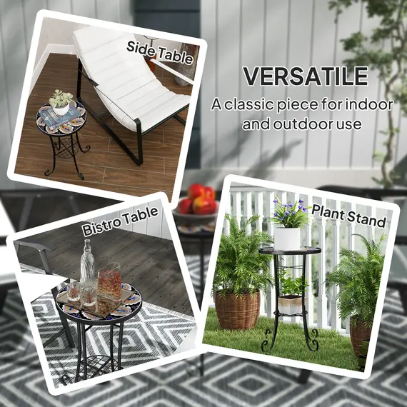 Buy Mosaic Garden Table, 35.5 cm Round Outdoor Table with Shelf, Ceramic Tile Top, Small Garden Side Table Bistro Table End Table Plant Stand for Indoor, Patio, Balcony, Orange, 7 image