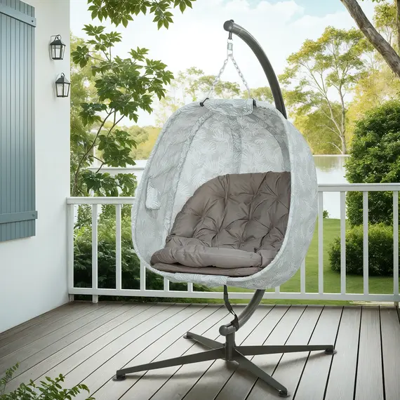 Buy Hanging Egg Chair Outdoor Indoor Garden Swing Chair with Folding Basket, Garden Hanging Chair with Stand, Thickened Cushion, Cup Holder for Patio, Balcony, Sand Brown, 8 image