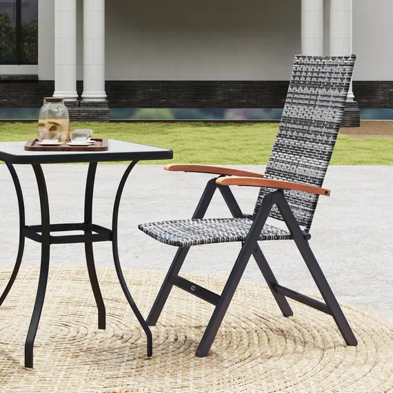 Buy Outdoor Folding Rattan Chair with Armrests, High Backrest, for Garden, Camping, Balcony, Porch - Light Grey, 8 image