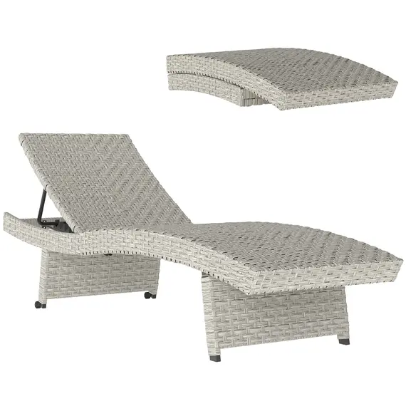 Buy Outdoor PE Rattan Sun Lounger, Folding Wicker Garden Lounger Recliner with 4-Level Adjustable Backrest, Rolling Sunbed Lounge Chair with Wheels, Non-Slip Legs for Balcony, Beach, Grey