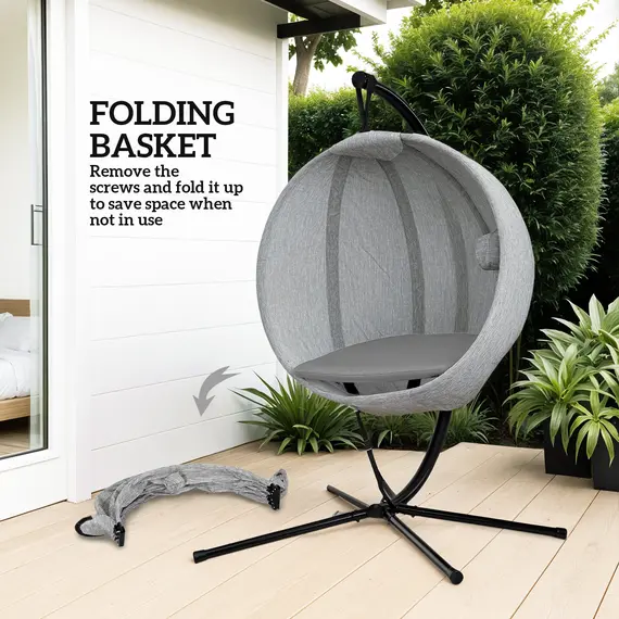 Buy Hanging Egg Chair Outdoor Indoor Garden Swing Chair with Folding Basket, Garden Hanging Chair with Stand, Thickened Cushion, Cup Holder for Patio, Balcony, Grey, 6 image