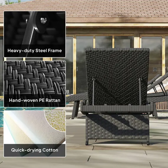 Buy Outdoor PE Rattan Sun Lounger, Folding Wicker Garden Lounger Recliner with 4-Level Adjustable Backrest, Rolling Sunbed Lounge Chair with Wheels, Non-Slip Legs for Balcony, Beach, Black, 8 image