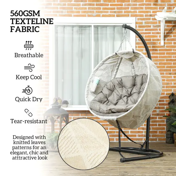 Buy Hanging Egg Chair Outdoor Indoor Garden Swing Chair with Folding Basket, Garden Hanging Chair with Stand, Thickened Cushion, Cup Holder for Patio, Balcony, Sand Brown, 5 image