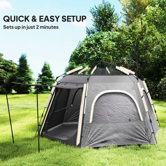 Buy Instant Camping Tent, 2/3/4 Person Easy Setup Dome Family Tent with Vestibule, Rainfly, 4 Mesh Windows & 2 Doors, Hexagonal Design, Waterproof & UV Protected, Dark Grey, 4 image