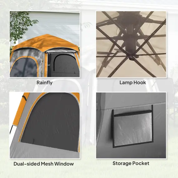 Buy Instant Camping Tent, 2/3/4 Person Easy Setup Dome Family Tent with Vestibule, Rainfly, 4 Mesh Windows & 2 Doors, Hexagonal Design, Waterproof & UV Protected, Light Grey, 7 image