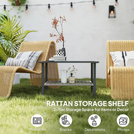 Buy Outdoor Rattan Coffee Table with Tempered Glass Top, Storage Shelf, Foot Pads, for Patio, Balcony, Mixed-grey, 5 image