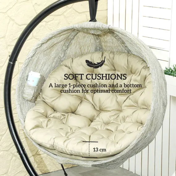 Buy Hanging Egg Chair Outdoor Indoor Garden Swing Chair with Folding Basket, Garden Hanging Chair with Stand, Thickened Cushion, Cup Holder for Patio, Balcony, Khaki, 4 image