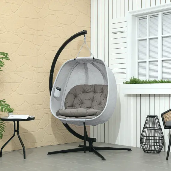 Buy Hanging Egg Chair Outdoor Indoor Garden Swing Chair with Folding Basket, Garden Hanging Chair with Stand, Thickened Cushion, Cup Holder for Patio, Balcony, Sand Brown, 2 image