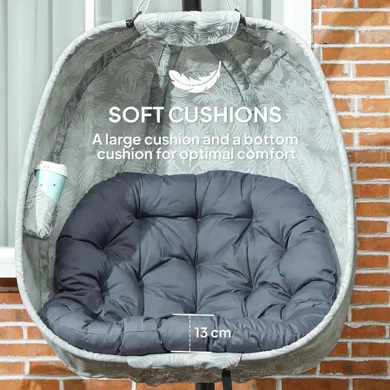 Buy Hanging Egg Chair Outdoor Indoor Garden Swing Chair with Folding Basket, Garden Hanging Chair with Stand, Thickened Cushion, Cup Holder for Patio, Balcony, Grey, 4 image