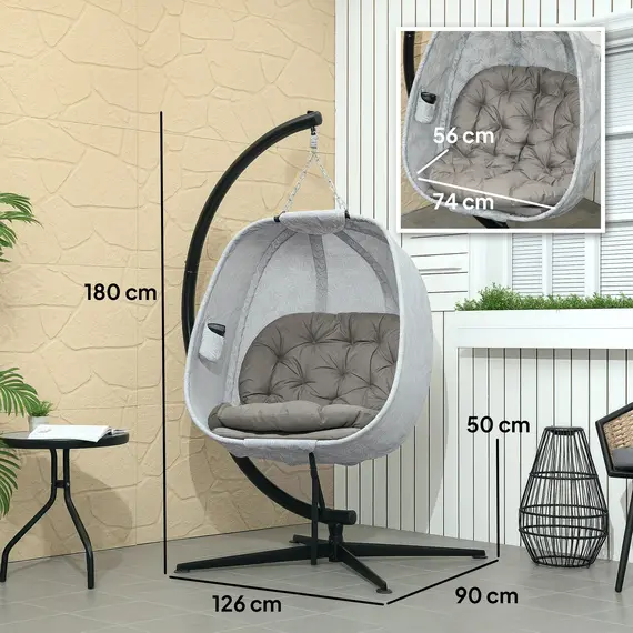 Buy Hanging Egg Chair Outdoor Indoor Garden Swing Chair with Folding Basket, Garden Hanging Chair with Stand, Thickened Cushion, Cup Holder for Patio, Balcony, Sand Brown, 3 image