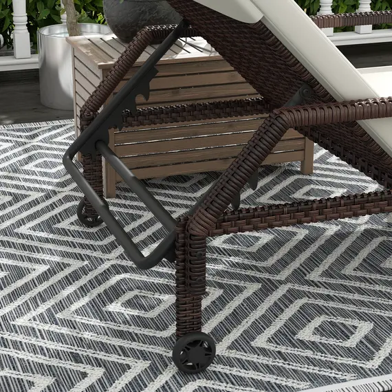 Buy Outdoor PE Rattan Sun Lounger Set of 2, Wicker Chaise Recliner Garden Chair with 5-Level Adjustable Backrest and 2 Wheels, Cream White, 9 image