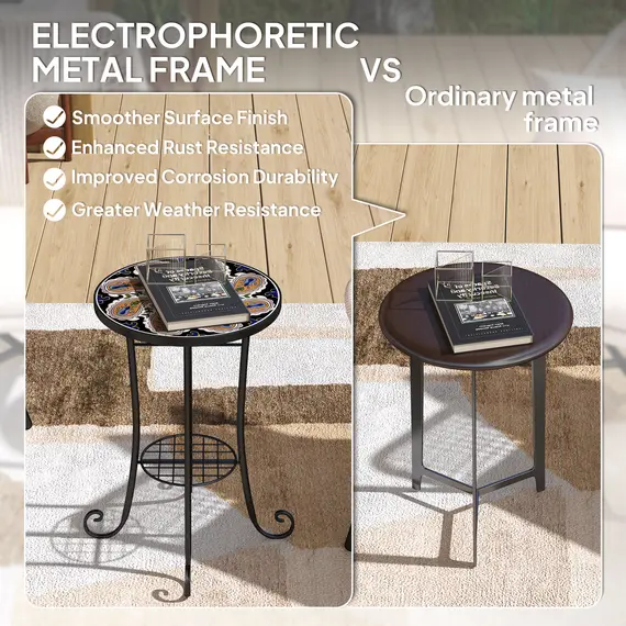 Buy Mosaic Garden Table, 35.5 cm Round Outdoor Table with Shelf, Ceramic Tile Top, Small Garden Side Table Bistro Table End Table Plant Stand for Indoor, Patio, Balcony, Orange, 6 image