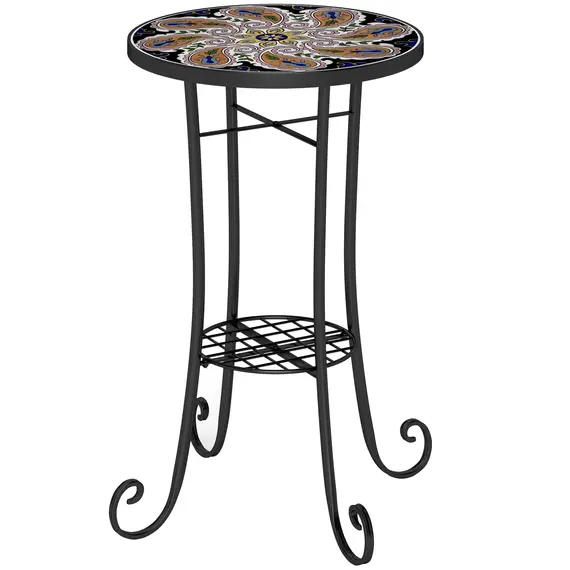 Buy Mosaic Garden Table, 35.5 cm Round Outdoor Table with Shelf, Ceramic Tile Top, Small Garden Side Table Bistro Table End Table Plant Stand for Indoor, Patio, Balcony, Orange