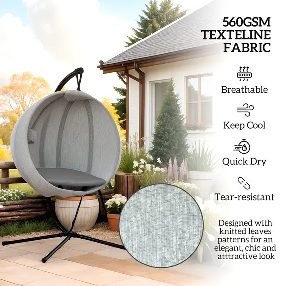 Buy Hanging Egg Chair Outdoor Indoor Garden Swing Chair with Folding Basket, Garden Hanging Chair with Stand, Thickened Cushion, Cup Holder for Patio, Balcony, Grey, 5 image