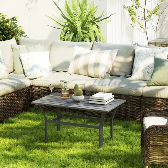 Buy Metal Garden Coffee Table, Rectangular Outdoor Side Table with Slatted Tabletop, Foot Pads for Outside, Garden, Balcony, Porch, 91.5 x 55 x 45cm, Dark Grey, 7 image