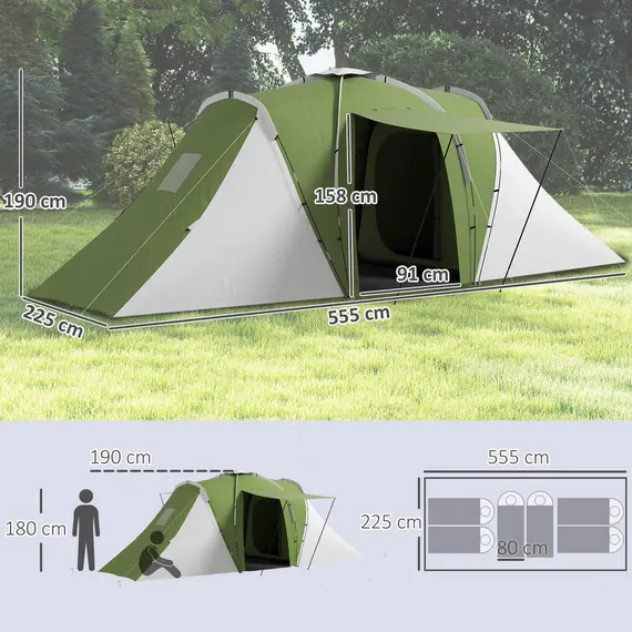 Buy Large Camping Tent Tunnel Tent with 2 Bedroom and Living Area, 2000mm Waterproof, Portable with Bag for 4-6 Man, Green, 3 image