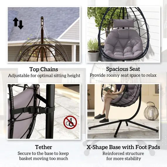 Buy Hanging Egg Chair Outdoor Indoor Garden Swing Chair with Folding Basket, Thickened Cushion, Garden Hanging Chair with Stand, Headrest for Patio, Balcony, Grey, 7 image