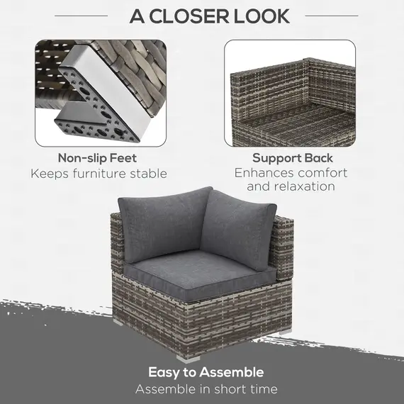 Buy Outdoor PE Rattan Corner Sofa, Garden Wicker Furniture Single Sofa Chair w/ Cushions, Deep Grey, 6 image