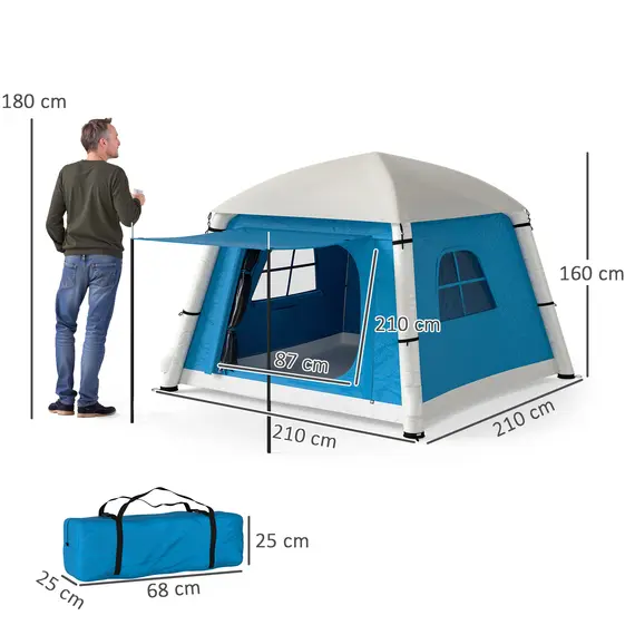 Buy Inflatable Camping Tent w/ Hand Pump, Easy Setup 1/2 Person Blow Up Tent Waterproof 190T Taffeta w/ Mesh Windows, Doors and Carry Bag, Light Blue, 3 image