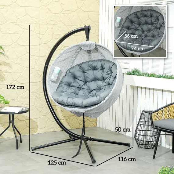 Buy Hanging Egg Chair Outdoor Indoor Garden Swing Chair with Folding Basket, Garden Hanging Chair with Stand, Thickened Cushion, Cup Holder for Patio, Balcony, Grey, 3 image