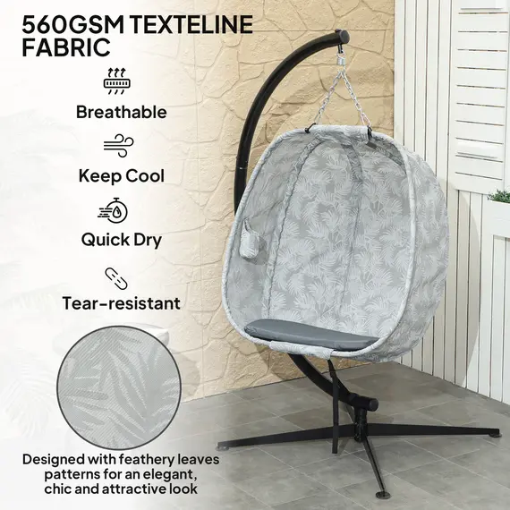 Buy Hanging Egg Chair Outdoor Indoor Garden Swing Chair with Folding Basket, Garden Hanging Chair with Stand, Thickened Cushion, Cup Holder for Patio, Balcony, Grey, 5 image