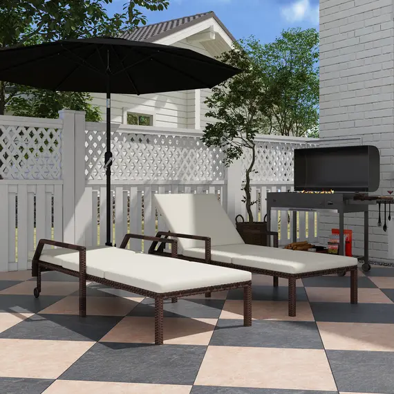 Buy Outdoor PE Rattan Sun Lounger Set of 2, Wicker Chaise Recliner Garden Chair with 5-Level Adjustable Backrest and 2 Wheels, Cream White, 2 image