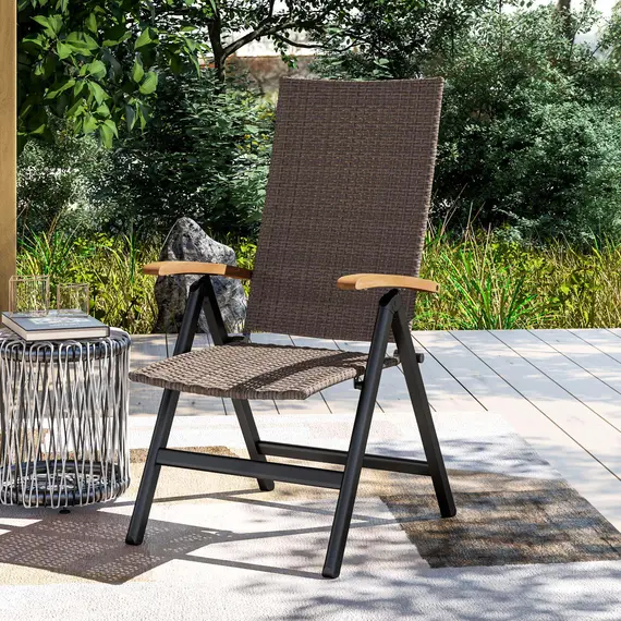 Buy Outdoor Folding Rattan Chair with Armrests, High Backrest, for Garden, Camping, Balcony, Porch - Brown, 7 image