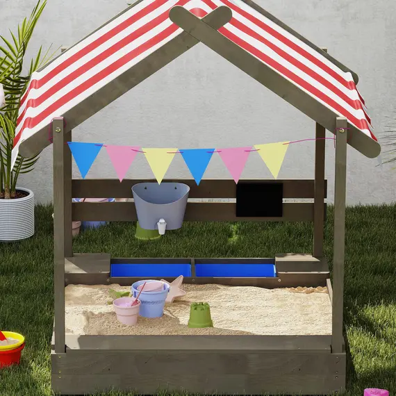 Buy House-Designed Wooden Sandbox, Outdoor Sandpit, with Blackboard, Toys, Sink, Seats, Flags, for Ages 3-7 Years - Grey, 8 image