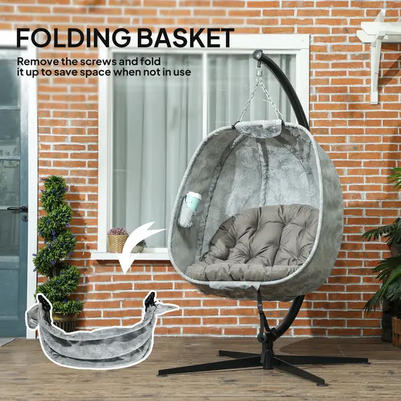 Buy Hanging Egg Chair Outdoor Indoor Garden Swing Chair with Folding Basket, Garden Hanging Chair with Stand, Thickened Cushion, Cup Holder for Patio, Balcony, Sand Brown, 6 image