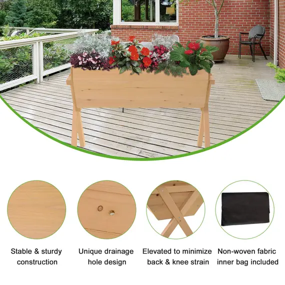 Buy Large Fir Wood Raised Plant Stand Oak Tone, 4 image
