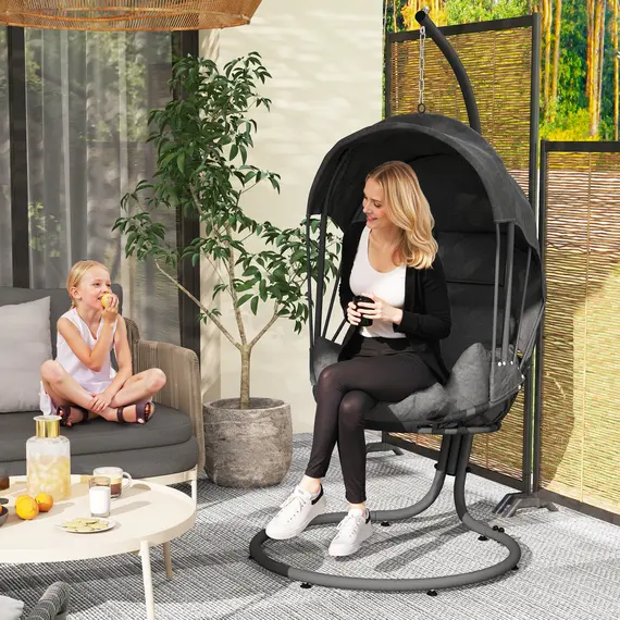 Buy Hanging Egg Chair Swing Hammock Chair with Stand, Cushion and Retractable Canopy, for Indoor and Outdoor, Grey, 2 image