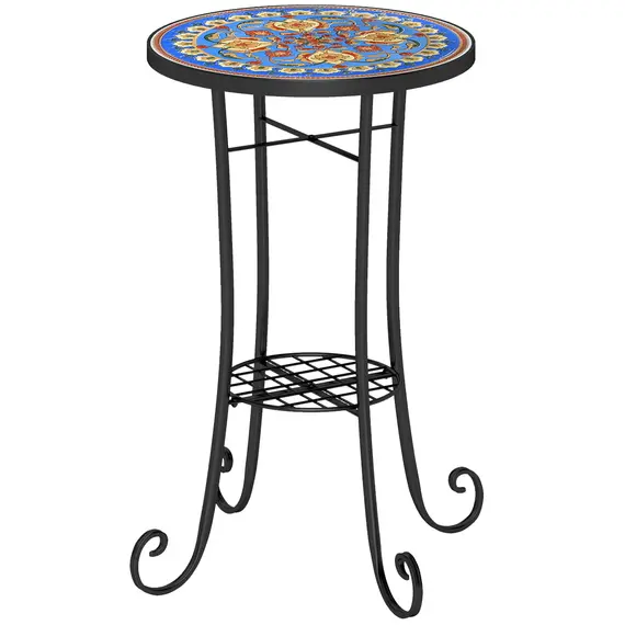 Buy Mosaic Garden Table, 35.5 cm Round Outdoor Table with Shelf, Ceramic Tile Top, Small Garden Side Table Bistro Table End Table Plant Stand for Indoor, Patio, Balcony, Blue