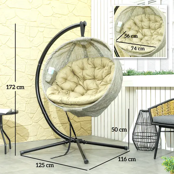 Buy Hanging Egg Chair Outdoor Indoor Garden Swing Chair with Folding Basket, Garden Hanging Chair with Stand, Thickened Cushion, Cup Holder for Patio, Balcony, Khaki, 3 image