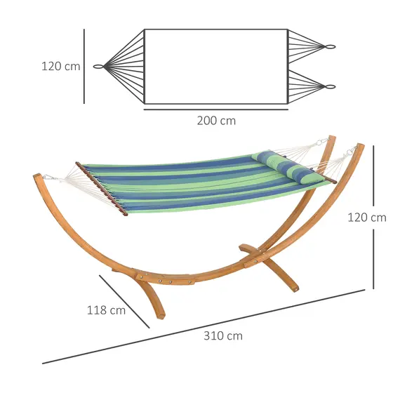 Buy Outdoor Hammock with Stand, Garden Hammock with Triple-Head Eucalyptus Wood Arc Frame, 1 Person Cotton Bed and Head Pillow, Freestanding Garden Swing Bed for Patio, Blue Stripe, 3 image