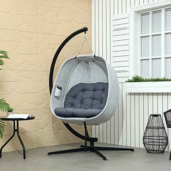 Buy Hanging Egg Chair Outdoor Indoor Garden Swing Chair with Folding Basket, Garden Hanging Chair with Stand, Thickened Cushion, Cup Holder for Patio, Balcony, Grey, 2 image