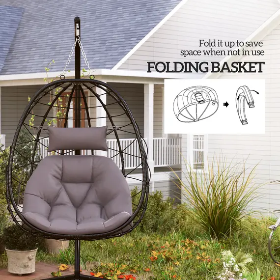 Buy Hanging Egg Chair Outdoor Indoor Garden Swing Chair with Folding Basket, Thickened Cushion, Garden Hanging Chair with Stand, Headrest for Patio, Balcony, Grey, 5 image