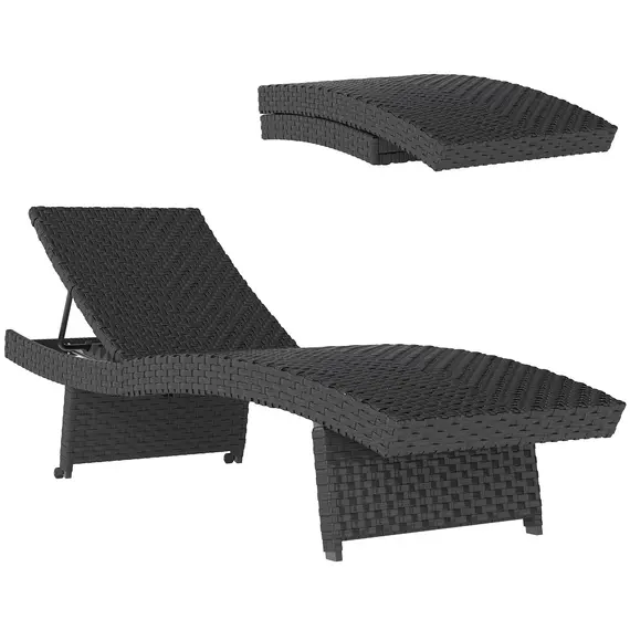 Buy Outdoor PE Rattan Sun Lounger, Folding Wicker Garden Lounger Recliner with 4-Level Adjustable Backrest, Rolling Sunbed Lounge Chair with Wheels, Non-Slip Legs for Balcony, Beach, Black