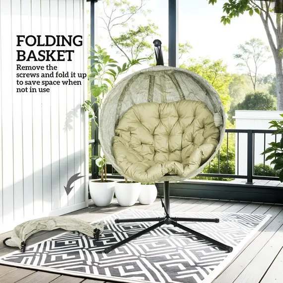 Buy Hanging Egg Chair Outdoor Indoor Garden Swing Chair with Folding Basket, Garden Hanging Chair with Stand, Thickened Cushion, Cup Holder for Patio, Balcony, Khaki, 6 image