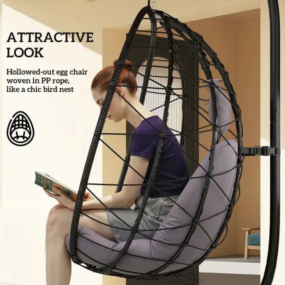 Buy Hanging Egg Chair Outdoor Indoor Garden Swing Chair with Folding Basket, Thickened Cushion, Garden Hanging Chair with Stand, Headrest for Patio, Balcony, Grey, 6 image