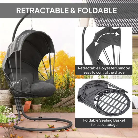 Buy Hanging Egg Chair Swing Hammock Chair with Stand, Cushion and Retractable Canopy, for Indoor and Outdoor, Grey, 4 image