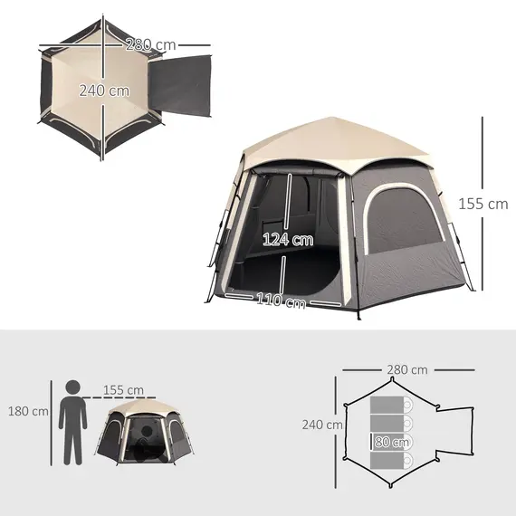Buy Instant Camping Tent, 2/3/4 Person Easy Setup Dome Family Tent with Vestibule, Rainfly, 4 Mesh Windows & 2 Doors, Hexagonal Design, Waterproof & UV Protected, Dark Grey, 3 image