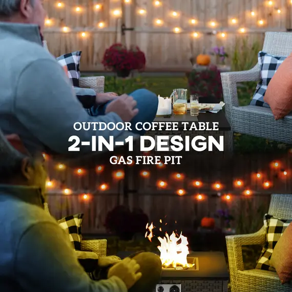 Buy Rattan Gas Fire Pit Table for Garden, 13 KW Smokeless Propane Fire Pit with Lid, Square Garden Coffee Table with Patio Heater for Outdoor, Patio, 58 x 58 x 33 cm, Grey, 4 image