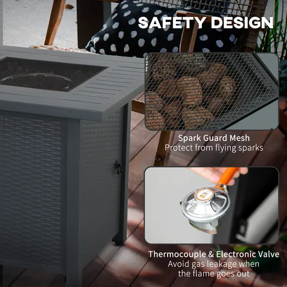 Buy Rattan-style Propane Gas Fire Pit Table with 40,000 BTU Burner, Square Smokeless Firepit Patio Heater with Thermocouple, Lava Rocks, Waterproof Cover, Spark Guard and Lid, Grey, 6 image
