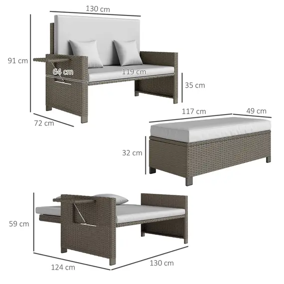 Buy Rattan Day Bed, with Footstool - Light Grey, 3 image