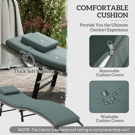 Buy Rattan Folding Sun Lounger Outdoor Chair with Cushion and Pillow Mixed Grey, 5 image