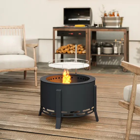 Buy Portable Fire Pit, 58 cm Round Firepit with Grill Grate, Fire Bowl with Ash Catcher and Poker, Fire Pit BBQ for Garden Camping Bonfire Picnic, Black, 9 image