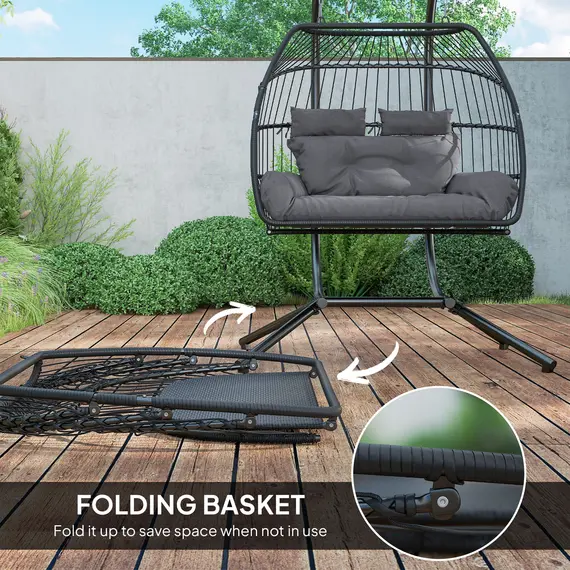 Buy Rattan Double Hanging Egg Chair with Stand, Foldable Wicker Swing Egg Chair with Cushion, Head Pillows, Steel Frame, Hammock Chair for Indoor Outdoor, Capacity 260 kg, Dark Grey, 7 image