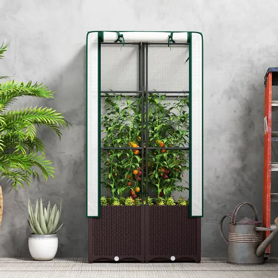 Buy Raised Garden Bed with Trellis, Plastic Planter Box with PE Cover, Drainage Holes and Drain Plugs for Climbing Plants, Vegetables, Flowers, 80 x 40 x 140 cm, 8 image